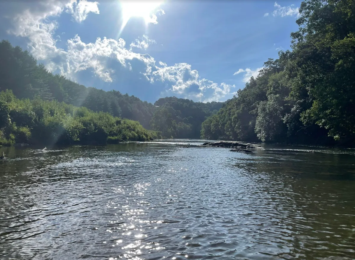A serene view of a calm river surrounded by lush greenery and a sky dotted with soft clouds. The riverbank is peaceful, suggesting opportunities for floating, fishing, or simply enjoying nature.